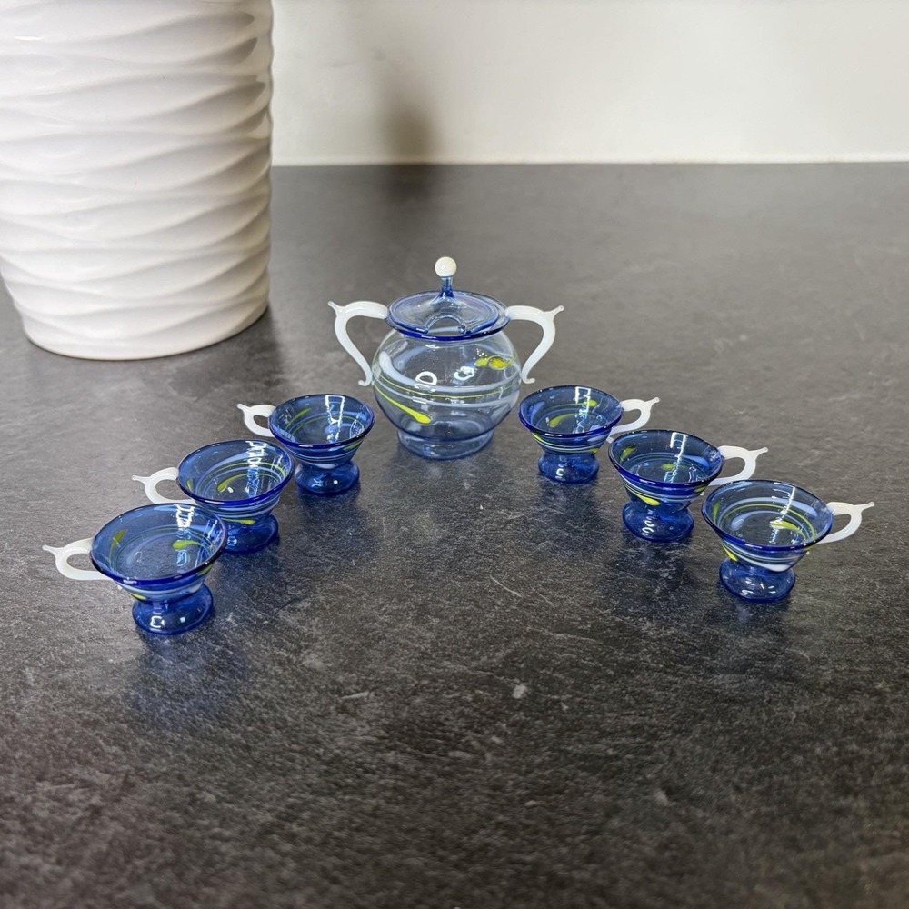 Dollhouse Miniature Blue & White Swirl Glass Art Tea Cup Set & Sugar Bowl